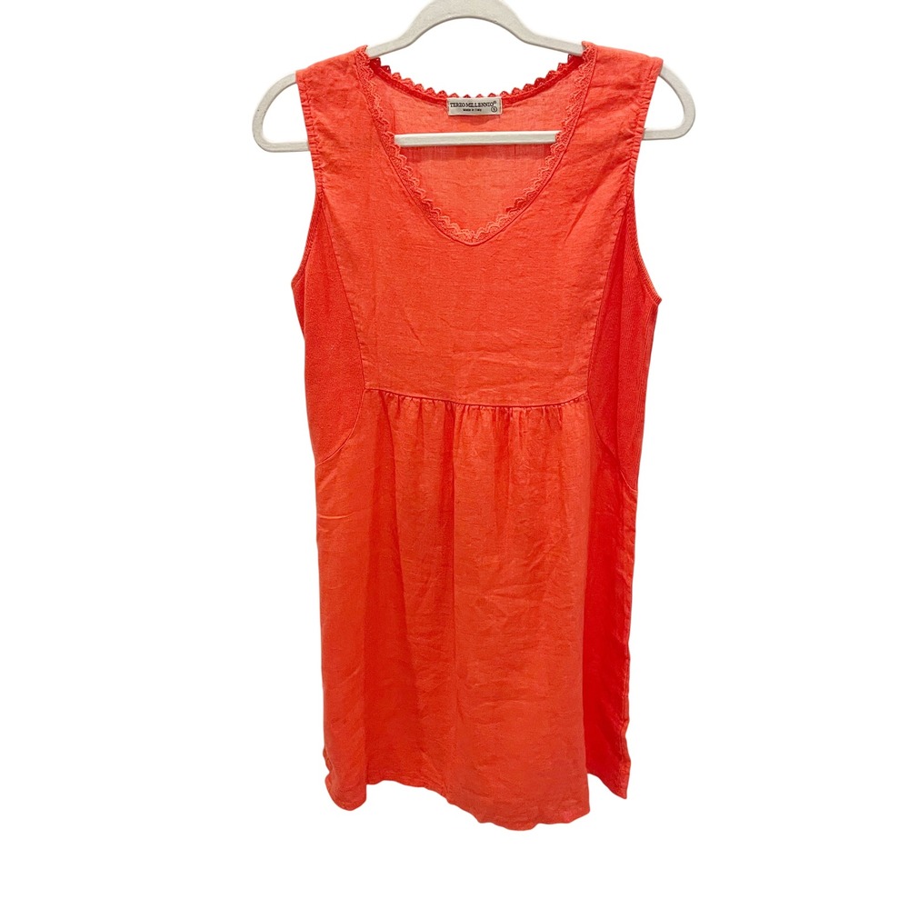 Terzo Millennio Italy Orange Linen Lace Trim Sleeveless Dress Coastal Boho SMALL